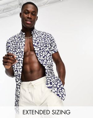 Herren Hemden | DESIGN – Schmales, elastisches Hemd mit Blümchenmuster in Marineblau- CEA3382